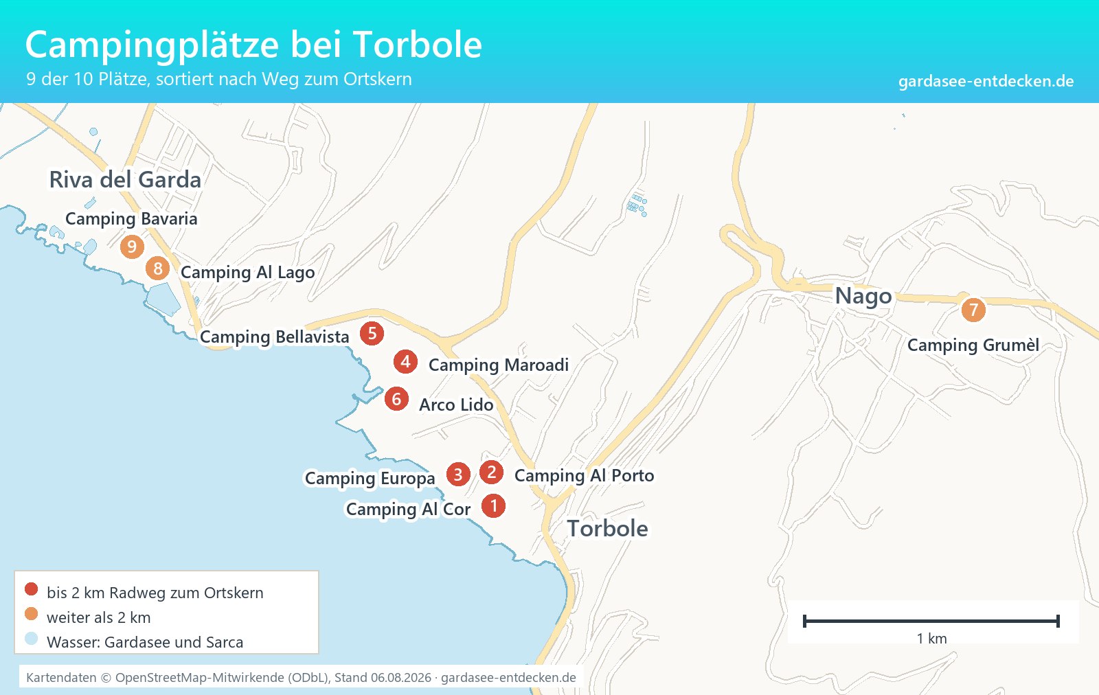 Karte der Campingplätze bei Torbole mit Nummerierung, Gardasee und Sarca-Ebene