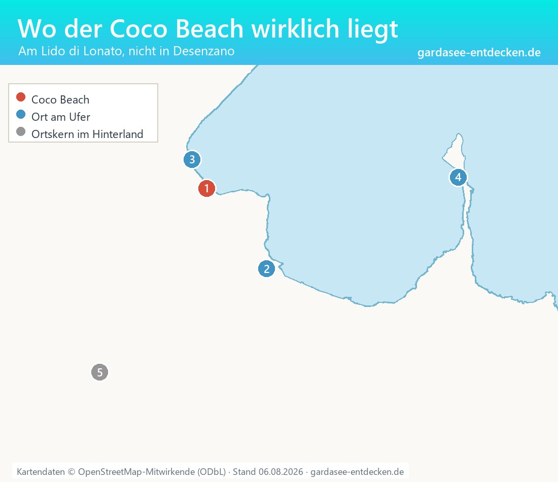 Karte des südwestlichen Gardasees mit der Lage des Coco Beach am Lido di Lonato, dazu Desenzano, Padenghe, Sirmione und Lonato del Garda