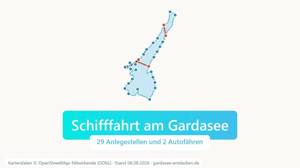 Karte des Gardasees mit den 29 Anlegestellen der Schifffahrt und den beiden Autofähr-Querungen