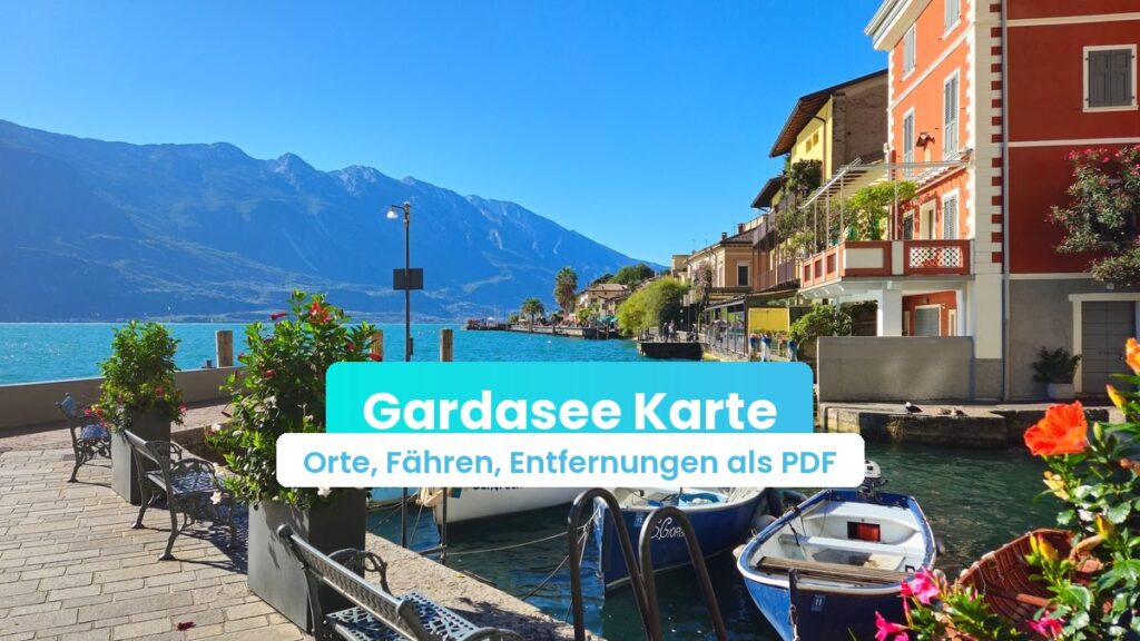 Gardasee Karte: Hafen von Limone sul Garda mit Booten, Bergen und See