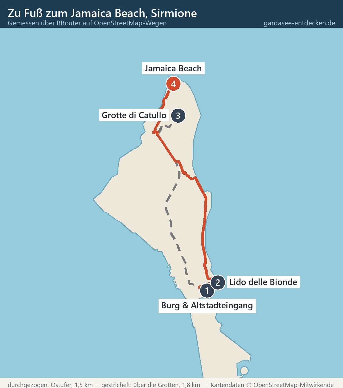 Karte der Halbinsel Sirmione mit den beiden Fußwegen von der Burg zum Jamaica Beach, 1,5 km über das Ostufer und 1,8 km über die Grotte di Catullo
