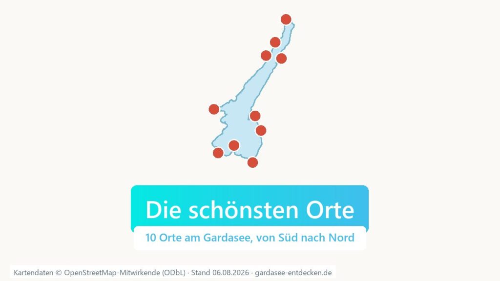 Karte des Gardasees mit den 10 schönsten Orten als nummerierte Punkte