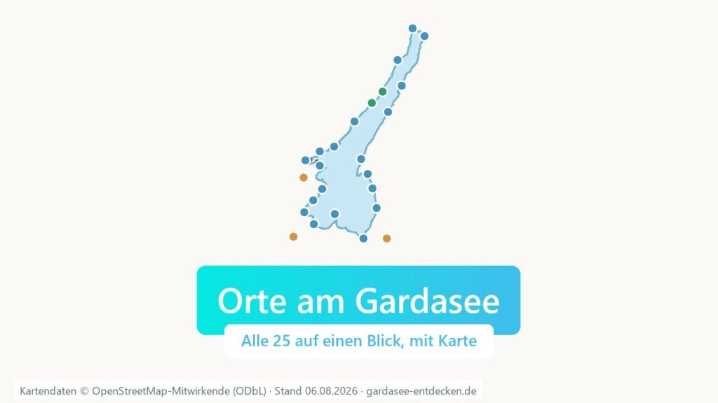 Karte des Gardasees mit allen 25 Orten, als Titelbild mit Markenleiste