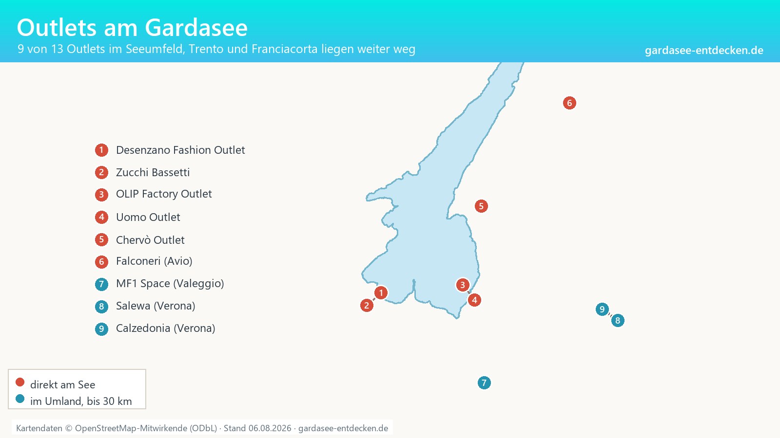 Karte des Gardasees mit neun Outlets, farblich getrennt nach Lage am See und im Umland