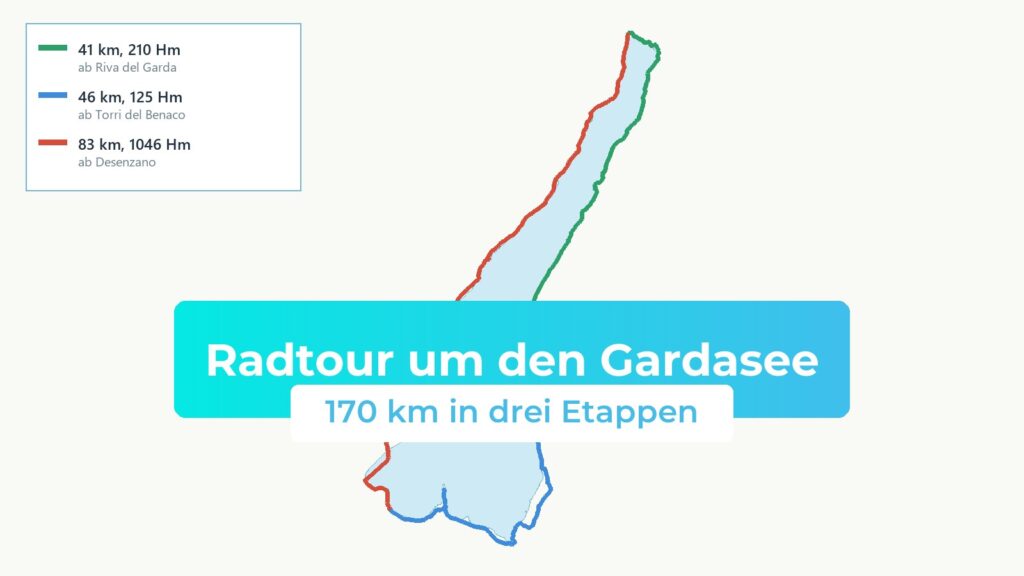 Karte der Radtour um den Gardasee mit den drei Etappen in verschiedenen Farben