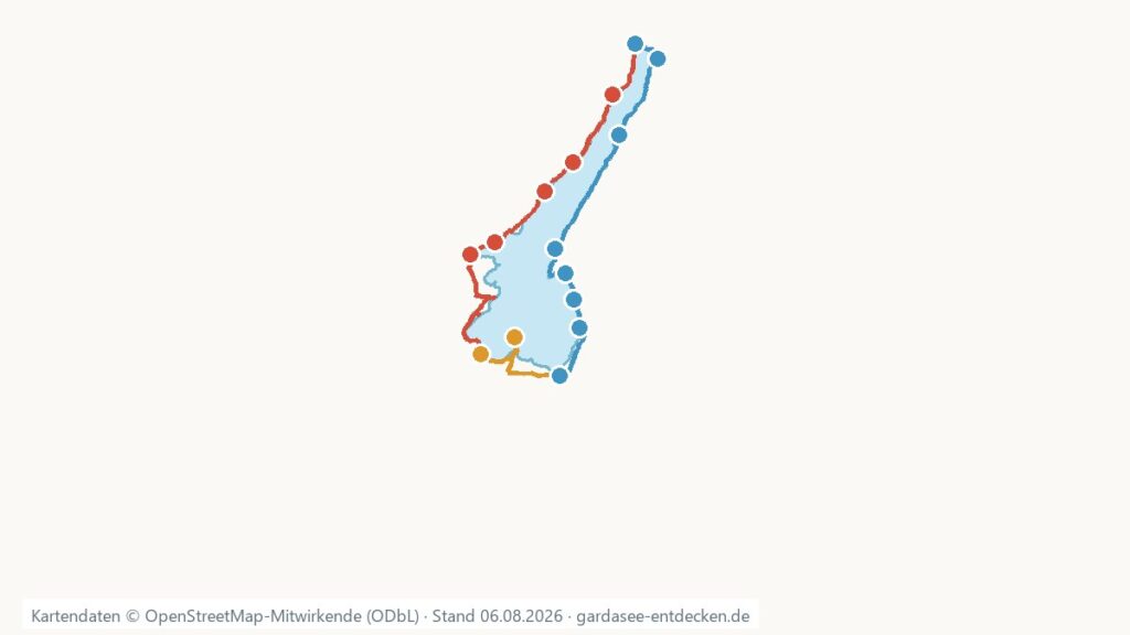 Übersichtskarte der Rundstrecke um den Gardasee mit den Etappen in drei Farben