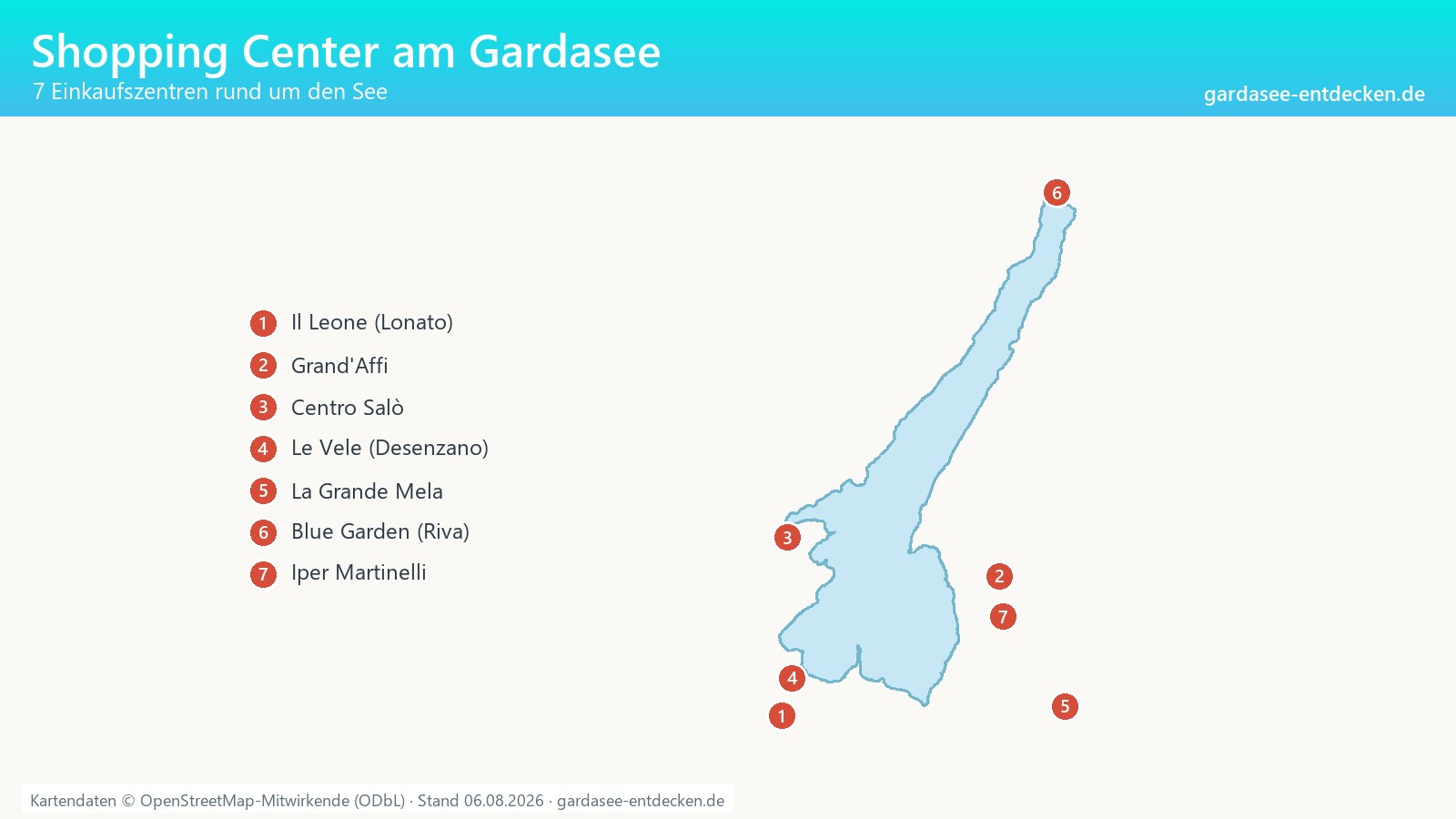 Karte des Gardasees mit den sechs größten Einkaufszentren
