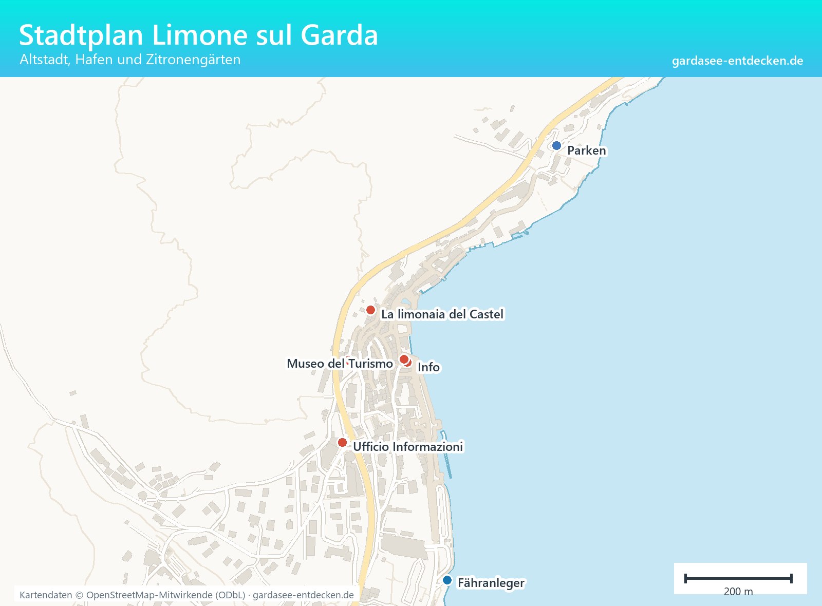 Stadtplan von Limone sul Garda mit Altstadt, Hafen und Sehenswürdigkeiten