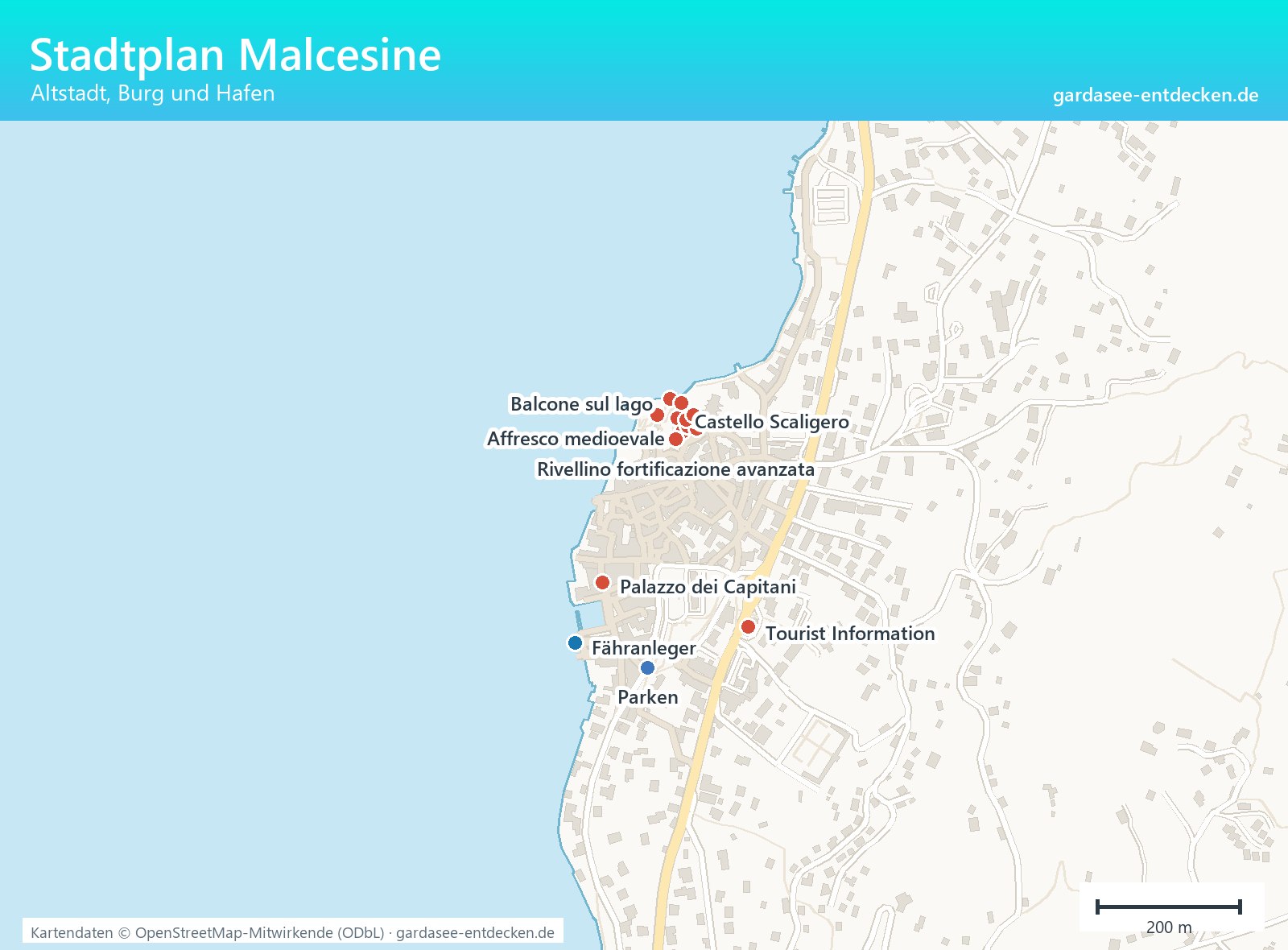 Stadtplan von Malcesine mit Altstadt, Hafen und Sehenswürdigkeiten