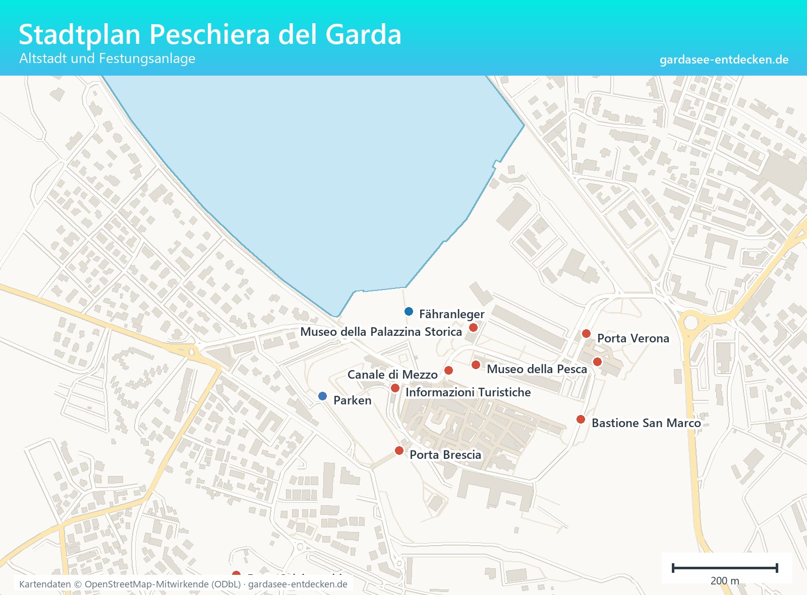 Stadtplan von Peschiera del Garda mit Altstadt, Hafen und Sehenswürdigkeiten