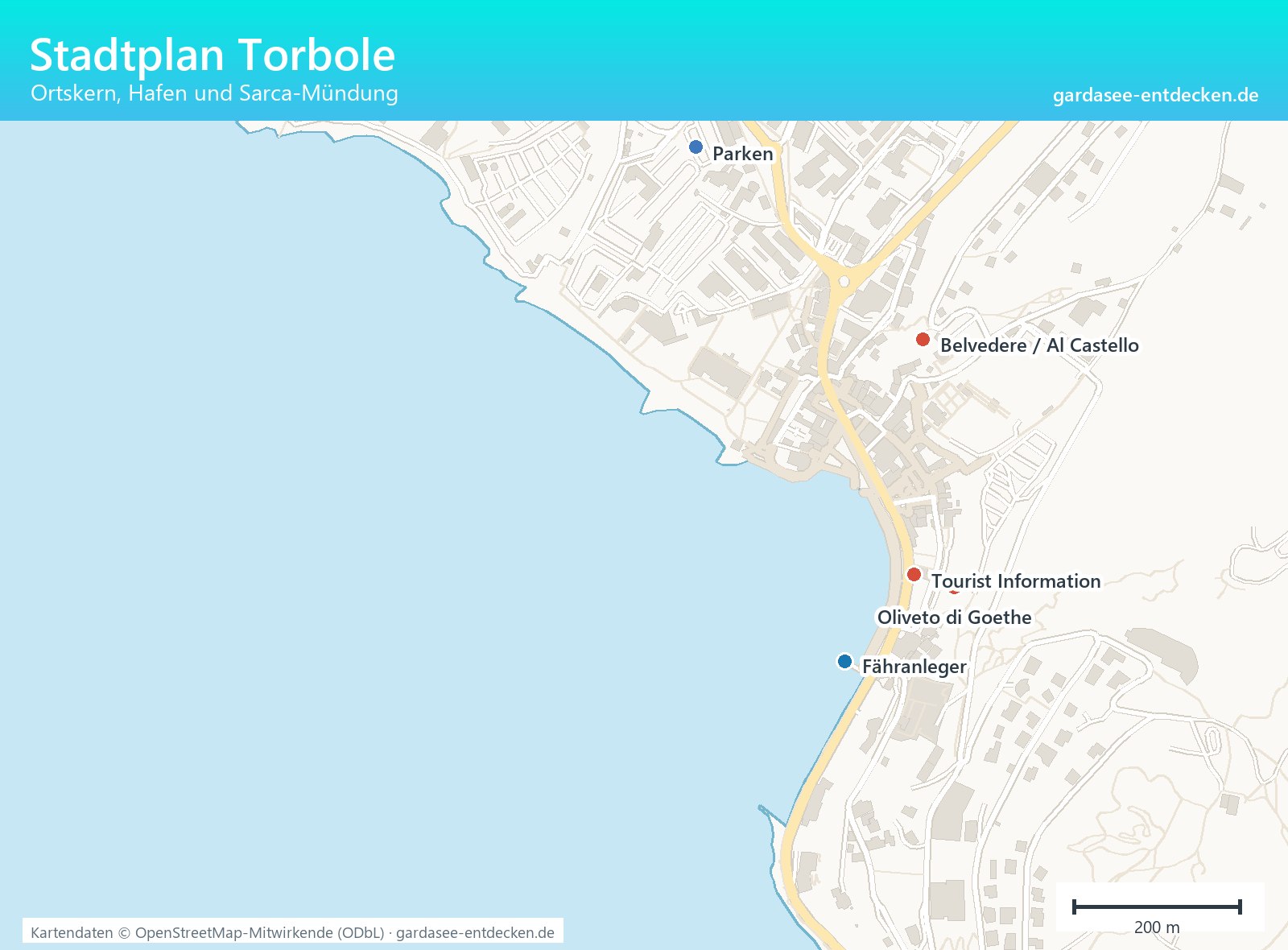 Stadtplan von Torbole mit Hafen, Ortskern und Sarca-Mündung