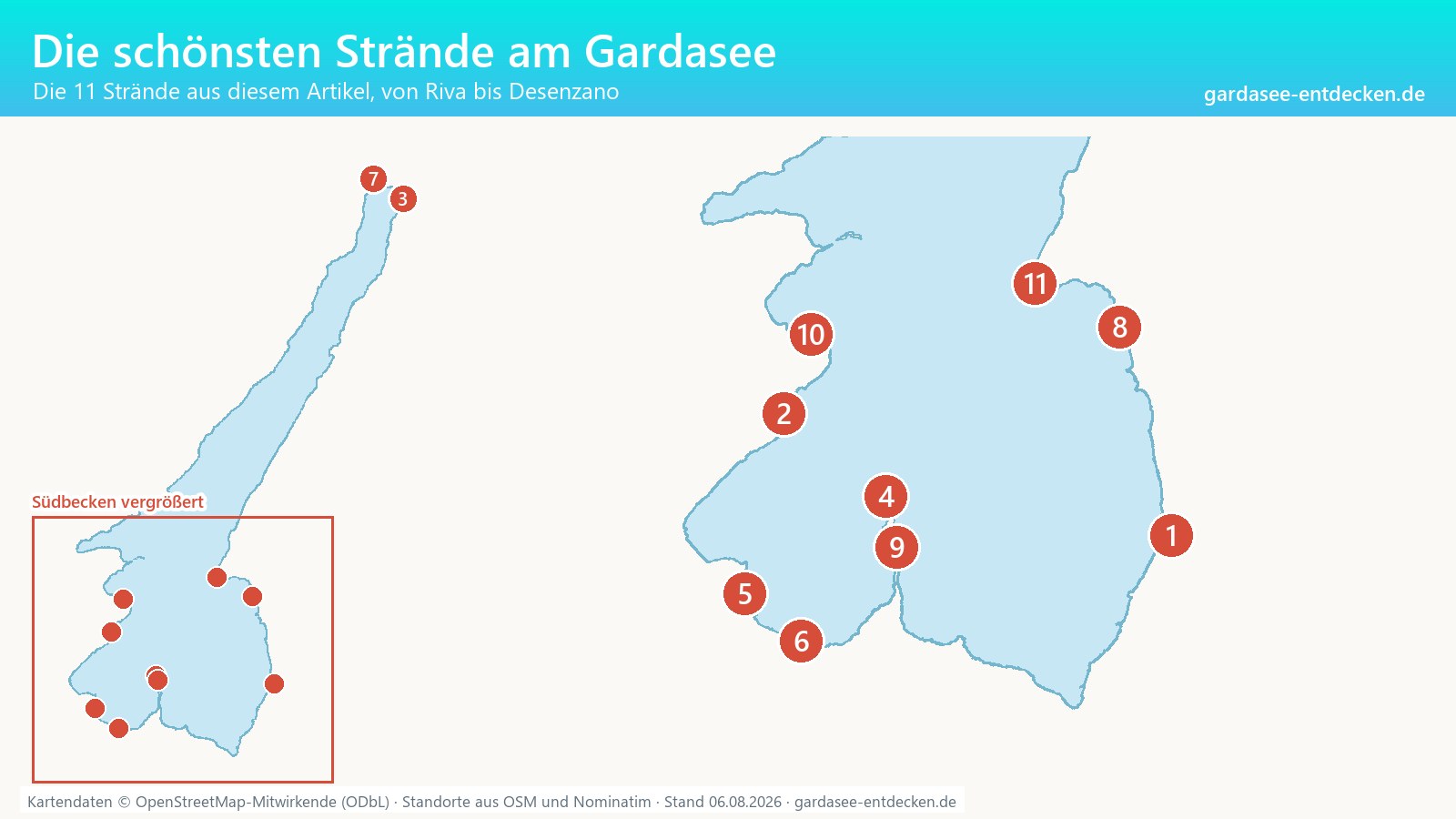 Karte des Gardasees mit den 11 im Artikel beschriebenen Stränden, nummeriert, Südbecken vergrößert